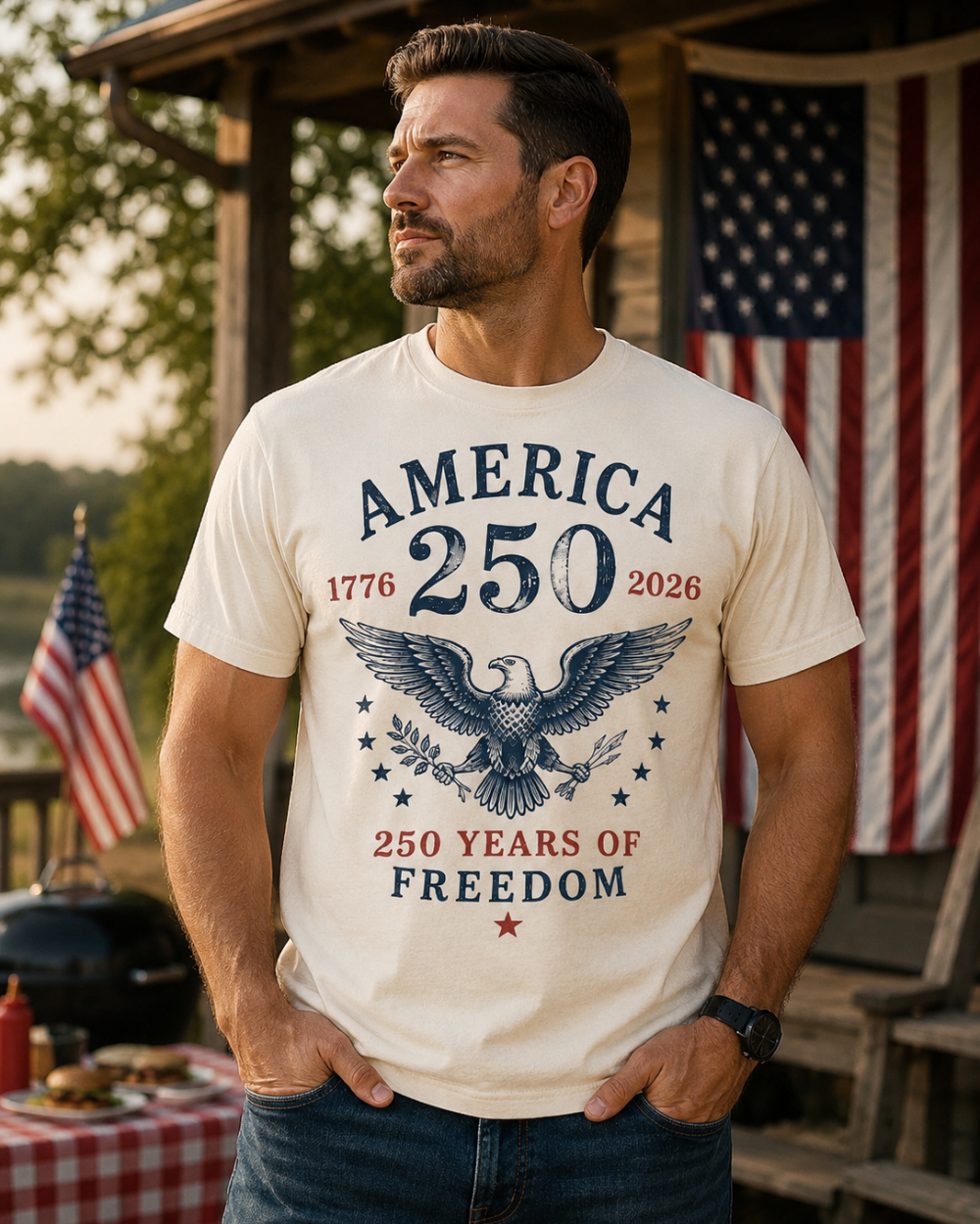 Man wearing a t-shirt celebrating America's 250th anniversary with an eagle graphic, standing outdoors.